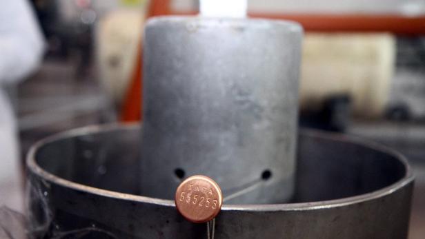 Ein Behälter mit einem IAEA-Siegel mit der Nummer 555253.