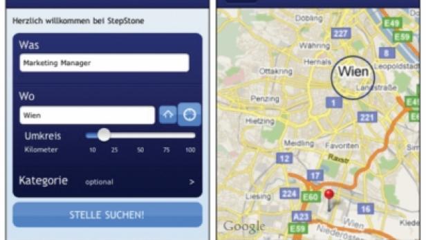 Die StepStone-App zeigt eine Stellensuche für „Marketing Manager“ in Wien und eine Kartenansicht mit Standortmarkierung.