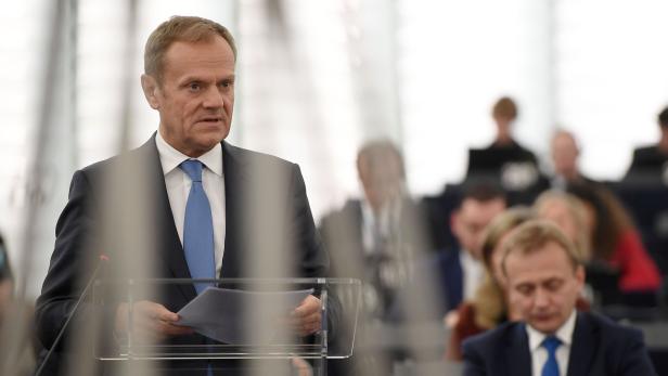 European Council President Donald Tusk speaks during a debate on the conclusions of the European Council of 9 and 10 March, including the Rome Declaration, at the European Parliament in Strasbourg, eastern France, on March 15, 2017. / AFP PHOTO / FREDERICK FLORIN