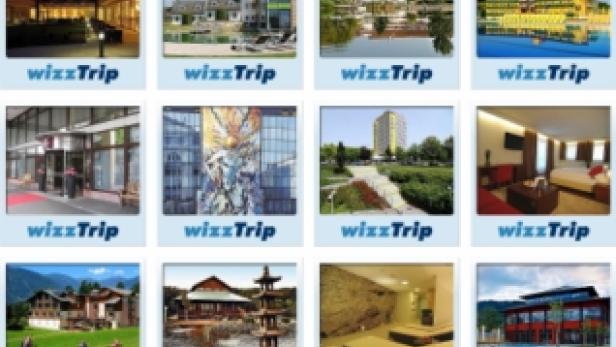 Eine Collage verschiedener Hotelansichten und Urlaubsorte mit dem Logo „wizzTrip“.