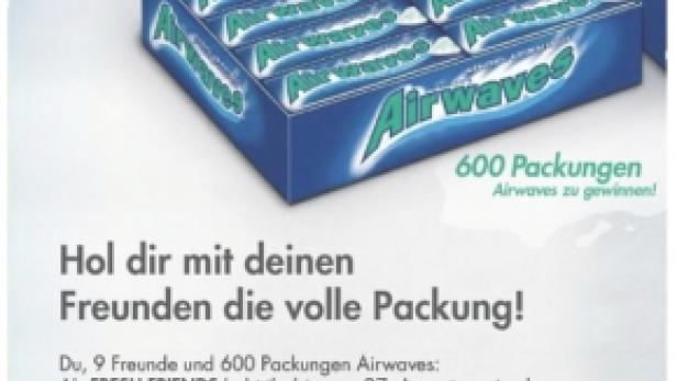 Eine Werbeanzeige für Airwaves Fresh Friends Kaugummi mit der Aufschrift „Hol dir mit deinen Freunden die volle Packung!“.