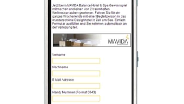 Auf dem Bildschirm eines Smartphones ist ein Anmeldeformular für ein Gewinnspiel von MAVIDA Balance Hotel & Spa zu sehen.