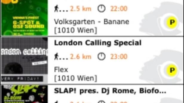Ein Screenshot der Volume-App mit Veranstaltungsankündigungen für Wien.