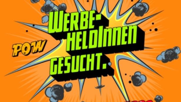 Ein Comic-artiges Bild mit dem Text „Werbeheldinnen gesucht“ und Ausrufen wie „Wham!“ und „Pow!“.