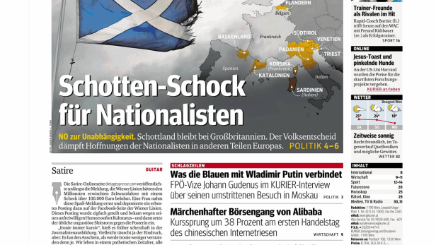 Titelseite des Kurier vom 20. September 2014 mit dem Titel „Schotten-Schock für Nationalisten“.