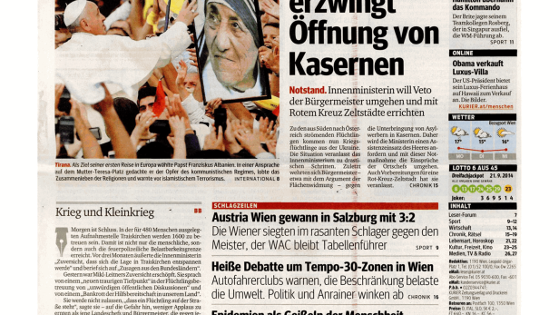Titelseite des Kurier vom 22. September 2014.