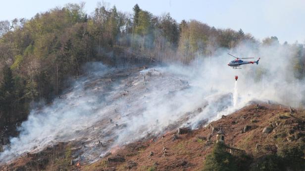Ein Hubschrauber der Polizei löscht einen Waldbrand an einem bewaldeten Hang.