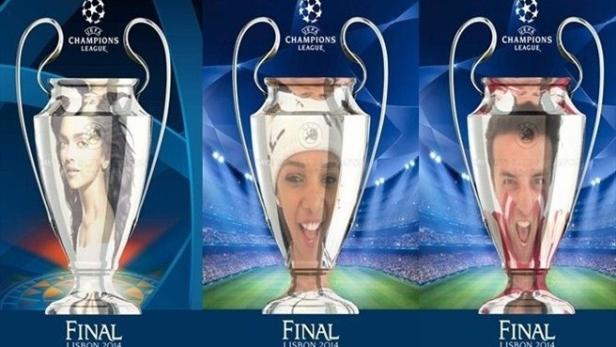 Drei Champions-League-Trophäen mit den Gesichtern von Deepika Padukone, einer unbekannten Frau und Sergio Ramos.