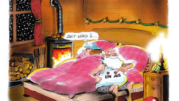 Eine Karikatur zeigt den Weihnachtsmann, der im Schlafzimmer das Licht an seinem T-Shirt einschaltet.