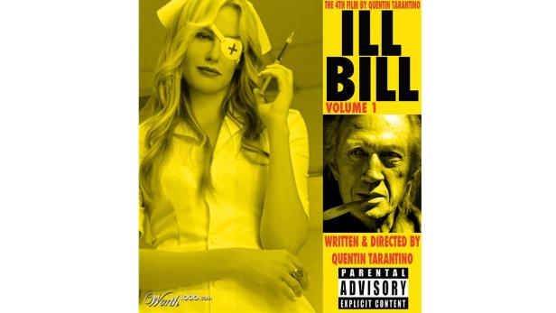 Das Filmplakat für „Kill Bill: Volume 1“ zeigt Uma Thurman als Krankenschwester mit Augenklappe und Spritze.