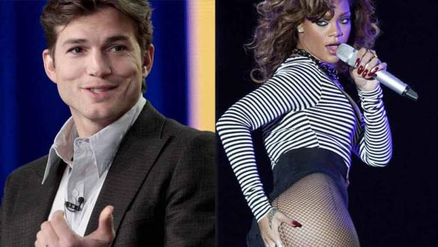 Ein zusammengesetztes Bild von Ashton Kutcher und Rihanna, die ein Mikrofon hält.