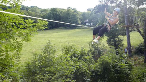 Im Hochseilgarten Kahlenberg geht es mit &quot;Flying Foxes-Seilrutschen rasant talwärts