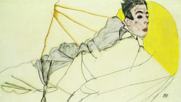 Eine Zeichnung von Egon Schiele, die eine Person mit einem gelben Schirm darstellt.