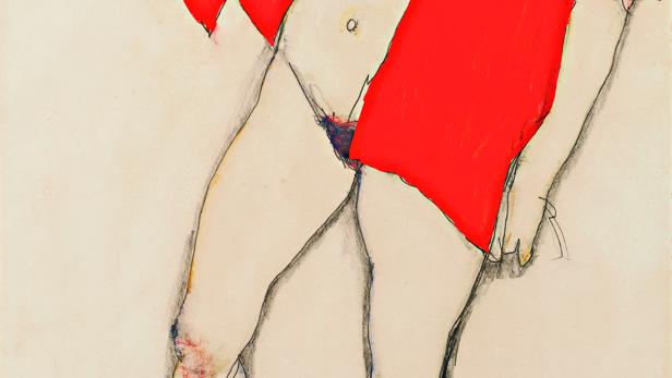 Eine Aktzeichnung von Egon Schiele mit einer roten Bluse.