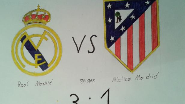 Gezeichnete Logos von Real Madrid gegen Atlético Madrid, Endergebnis 3:1.