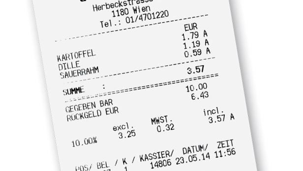 Ein Kassenbon von SPAR Gourmet mit Auflistung der gekauften Artikel wie Kartoffeln und Dille.