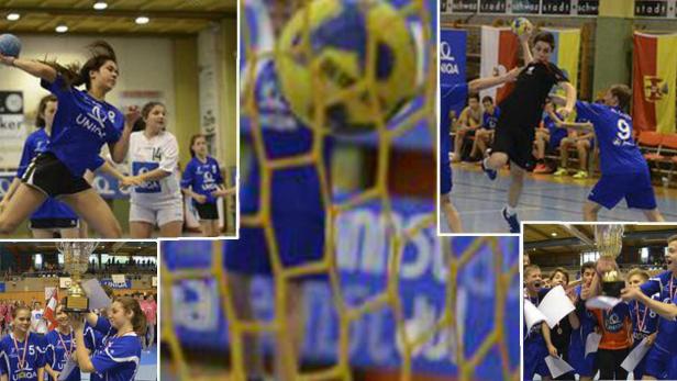 Mehrere Handballspiele und Siegerehrungen sind in einer Collage dargestellt.