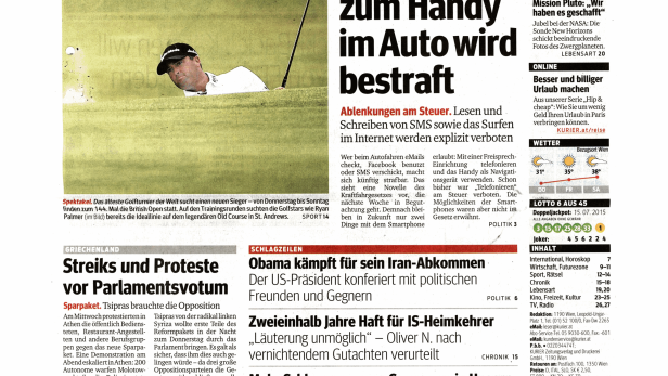 Schlagzeile vom 16.07.2015Jeder Griff zum Handy im Auto wird bestraftKurier
