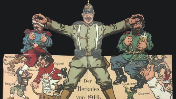 Weltkriegs-Propaganda auf dem Postweg: Aufklapp-Postkarte 1914