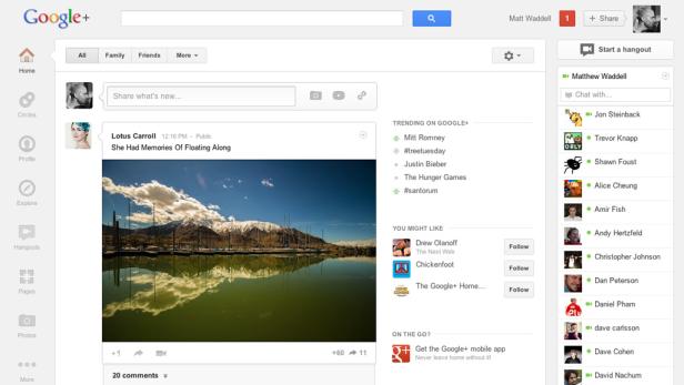 Ein Screenshot der Google+ Benutzeroberfläche mit einem Foto von Bergen und einem See.