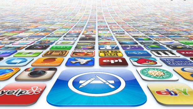 Eine Vielzahl von App-Symbolen, darunter Yelp, Instagram, eBay und das App Store-Symbol.