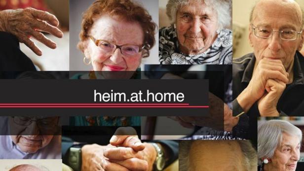 Collage mit Porträts und Händen älterer Menschen, überlagert von „heim.at.home“.