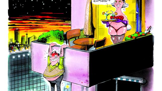 Ein Mann klettert an einem Gebäude hoch, während eine Frau im Bunny-Kostüm auf dem Balkon Cocktails serviert.
