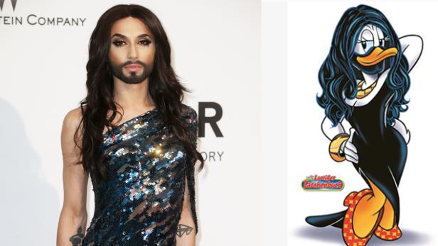 Ein Foto von Conchita Wurst neben einem Bild von Gundel Gans im ähnlichen Stil.