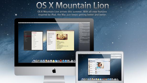 Ein iMac und ein MacBook Air zeigen das Betriebssystem OS X Mountain Lion.