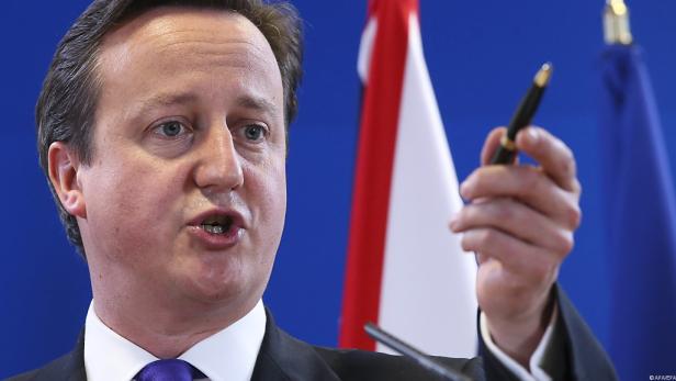 David Cameron hält einen Stift in der Hand und spricht.