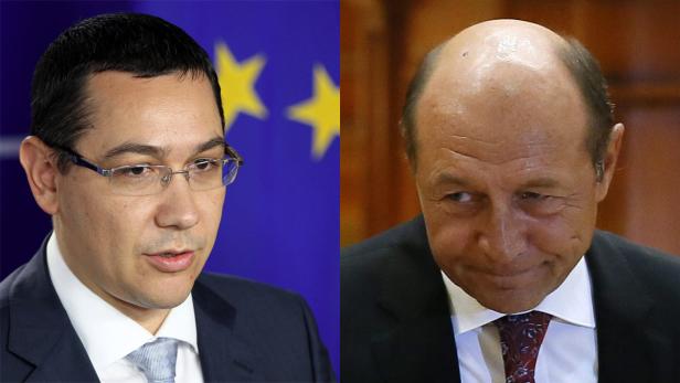 Ein Doppelporträt von Victor Ponta und Traian Băsescu.