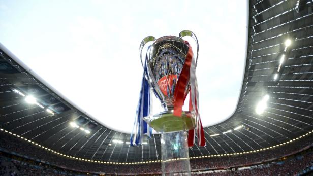 Die Trophäe der UEFA Champions League steht in einem Fußballstadion.