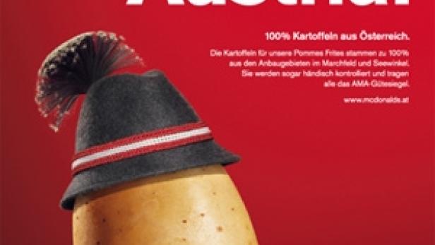 Eine Kartoffel mit einem Trachtenhut wirbt für McDonald's-Pommes aus Österreich.