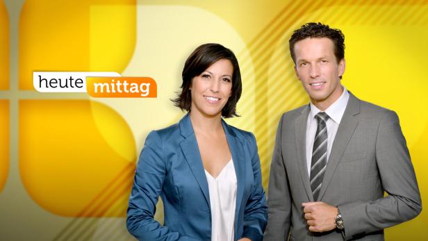 Eine Frau und ein Mann präsentieren „heute mittag“ vor einem gelben Hintergrund.