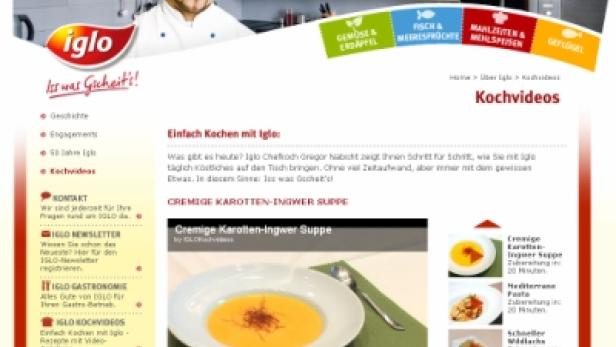 Webseite von Iglo mit Kochvideos und Rezepten für Karotten-Ingwer-Suppe.