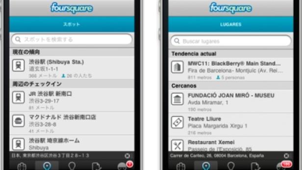 Zwei Smartphones zeigen die Foursquare-App in japanischer und spanischer Sprache.