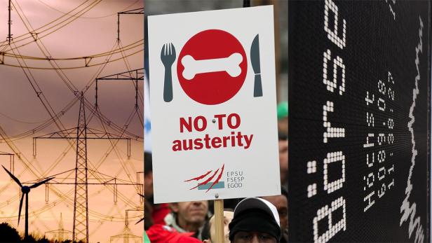 Eine Collage zeigt Strommasten, ein „Nein zur Sparpolitik“-Schild und eine Börsentafel.