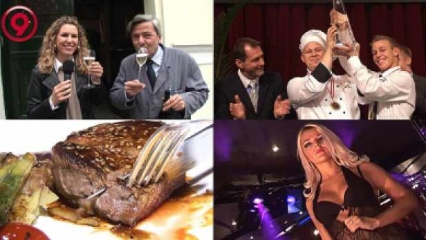Eine Collage zeigt eine Reporterin mit einem Mann, eine Siegerehrung, ein Steak und eine Frau auf einer Bühne.