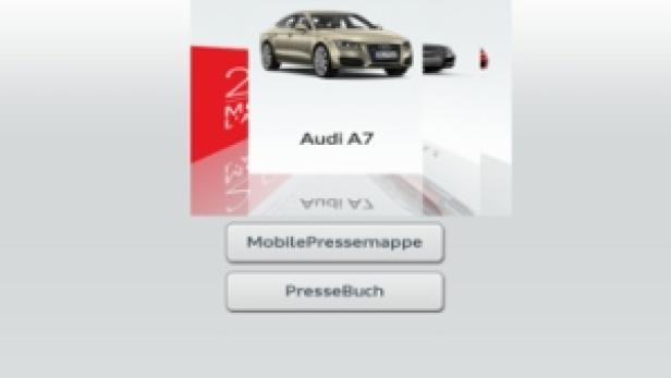 Ein iPad-Screenshot der Audi MediaKiosk-App mit dem Audi A7 im Fokus.