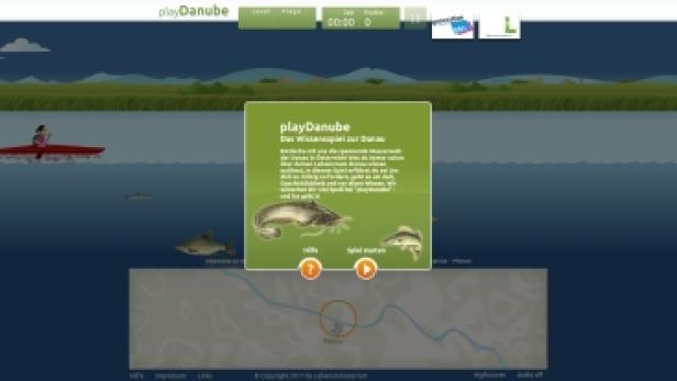 Screenshot des Lernspiels „playDanube“ mit einem Kanu auf der Donau.