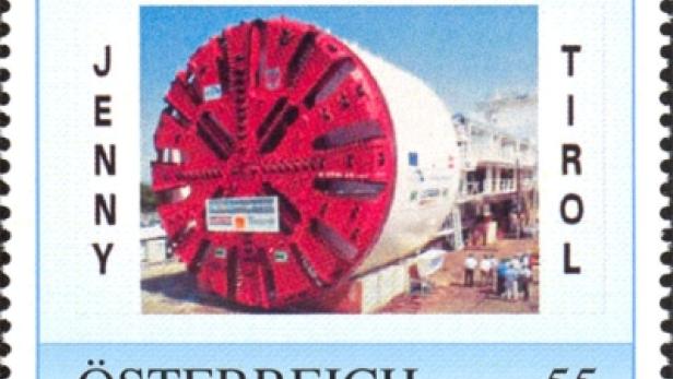 Eine österreichische Briefmarke zeigt die Tunnelbohrmaschine „Jenny“ in Tirol.