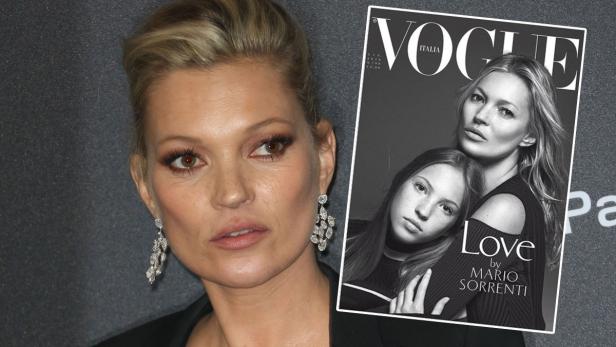 Ein Porträt von Kate Moss und das Cover der italienischen Vogue mit ihr und ihrer Tochter Lila Grace Moss.