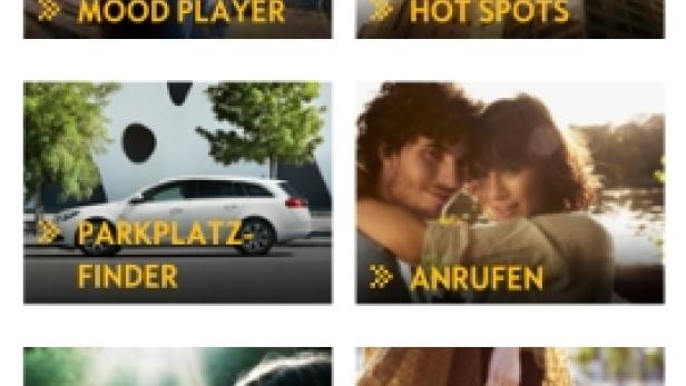 Screenshot der Opel FlexApp mit verschiedenen Funktionen wie Parkplatzfinder und Shopping-Liste.