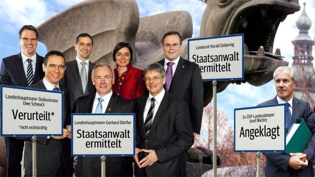 Eine Gruppe von Politikern steht vor einem Denkmal, jeder hält ein Schild mit juristischen Anmerkungen.