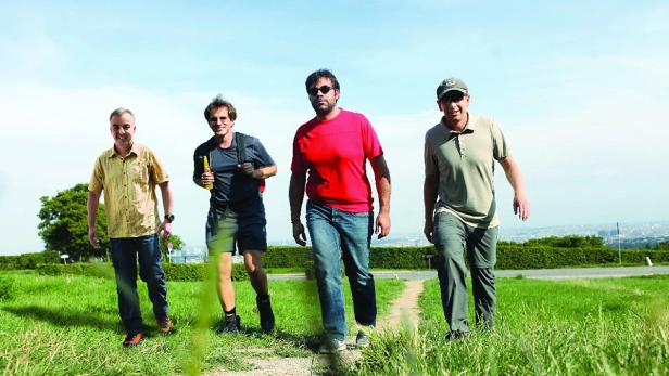 Vier Männer wandern auf einem grasbewachsenen Hügelweg entlang.