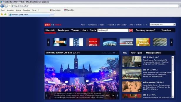 Die ORF TVthek Webseite mit einer Vorschau auf den Life Ball.