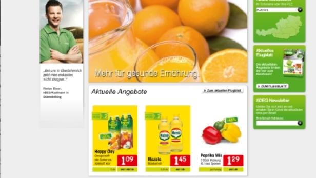 Die Webseite von ADEG mit Angeboten für Lebensmittel und Getränke.