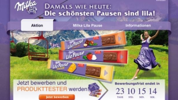 Eine Milka-Werbung für „Lila Pause“ mit verschiedenen Geschmacksrichtungen und einer Frau im Dirndl.