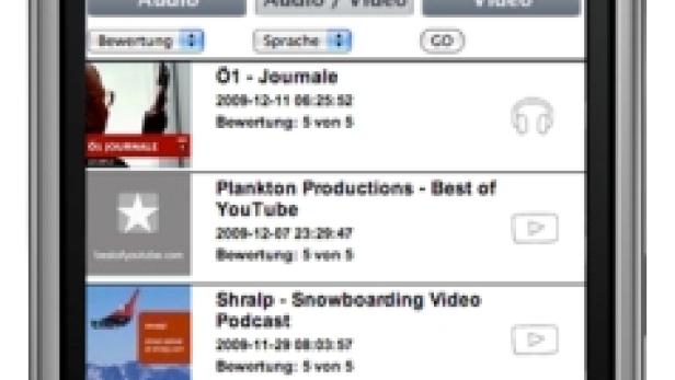 Ein Blackberry-Smartphone zeigt eine Podcast-Liste der Webseite yasssu.com.