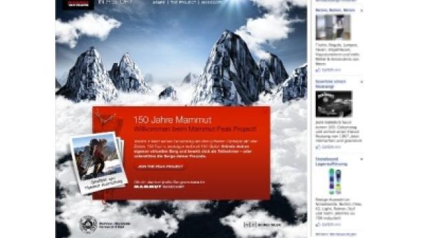 Eine Facebook-Anzeige für das „Mammut Peak Project“ zum 150-jährigen Jubiläum von Mammut mit Bergmotiven.